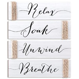 Jetec 4 Pieces Farmhouse Bathroom Decor Wall Art Bathroom Sign Rustic Bathroom Decor Relax Soak Unwind Breathe Wood Sign for Home Spa Bathroom Decor, 11.8 x 3 Inch (White)