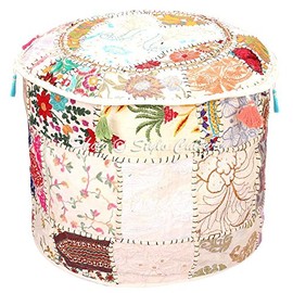 Stylo Culture Ottoman Pouffe Seat Ottoman Cover Large White Ethnic Embroidered Patchwork Cotton Traditional Round Fabric Pouf Ottoman Cover (22x22x13 Inch) 55cm (COVER ONLY)