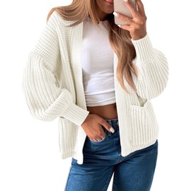 Saodimallsu Womens Oversized Cardigan Ribbed Chunky Knit Long Lantern Sleeve Open Front Fall Sweater Coats White