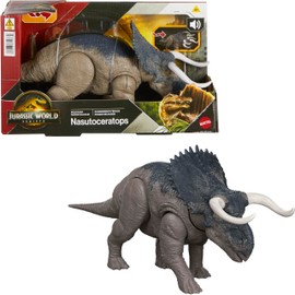 ​Mattel Jurassic World Rebirth Wild Roar Nasutoceratops Dinosaur Toy with Tail-Controlled Chomp Multi-Direction Attack & Sound, Posable & Digital Play, JGC81