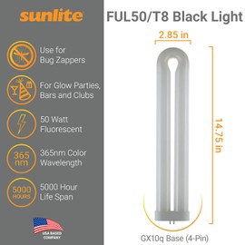 Sunlite 05180-SU T10 Fluorescent U-Shaped Light Bulb, 50 Watts, UV Light, 365nm Color Wavelength, GX10q 4-Pin Base, Plug-In, 5,000 Hour Life Span, Clubs, Restaurants, Party Lights, Blacklight, 1 Count