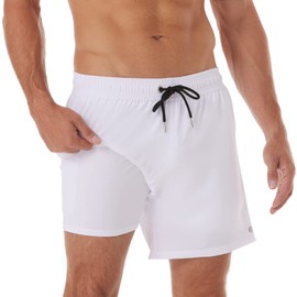 BRISIRA Traje de baño para hombre, secado rápido, entrepierna de 5 pulgadas, pantalones cortos de playa con forro de compresión y bolsillo con cremallera, Blanco, 38