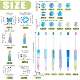 12 Sets Plastic Beadable Pens, Blue Themed Ballpoint Pens, Butterfly Flower Wood Beads, Crystal Spacer Beads with Black Inks for Students Office School Graduation Gifts