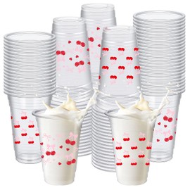Havawish 100 Pcs Red Cherry Bow Plastic Cups 16 oz Disposable Clear Cups Coquette Bow Snowflake Theme Decorations for Birthday Baby Bridal Shower Wedding Xmas Winter Holiday Party Supplies
