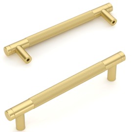 Amerdeco Pack of 5 Matte Gold Knurled Cabinet Handles 128 mm Hole Spacing, Aluminium Handles for Kitchen Cabinets & Furniture Handles for Drawers