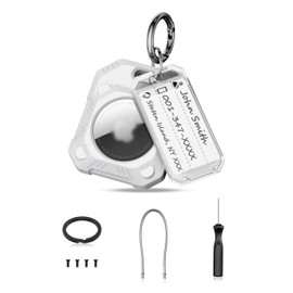 PROfezzion Airtag Holder Airtag Case with Key Ring Rings Adhesive Holder and Labels for Suitcase Pet Collar Car Keys Electric Cars Luggage Bags for GPS Tracker, White