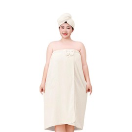 Moonlove Women Plus Size Wrap Towel & Hair Drying Cap Set Wearable Spa Shower Bathrobe Strapless Cover Up Bathing Robe Water Absorbent Body Towel Dressing Gown Suitable for 175-240lb