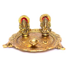 Aluminium Golden Color Plated Laxmi Ganesha Idol with Platter Plate for Puja Diwali Gift Items Deepawali Decorations Indian Dhanteras Pooja Statue Thali (Golden-Large)