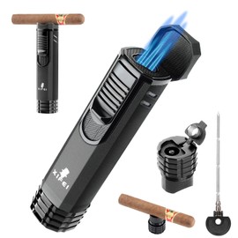 XIFEI Cigar Lighter 3-Angled Jet Flames, Cigar Puncher, Cigar Draw Enhancer, Cigar Stand, 4-in-1Refillable Butane Torch Lighter (Sand Black)