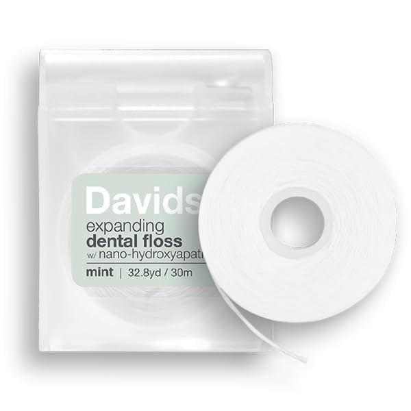 Davids Expanding Dental Floss + Refill w/Hydroxyapatite, No Break Woven Strands, Waxed, Vegan, Cocoa Butter & Mint, Kid Friendly, Refillable Dispenser, 66 yd