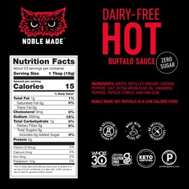 Noble Made Buffalo Sauce, Keto, Gluten Free, Vegan Dipping & Wing Sauce, Low Carb, Dairy Free, Low Calorie, Paleo, Low Sugar, and Whole30 Approved, Hot Buffalo, 12.5 oz (1 Count)