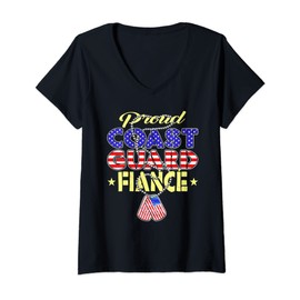 Womens Proud US Coast Guard Fiance US Flag Dog Tags Military Lover V-Neck T-Shirt