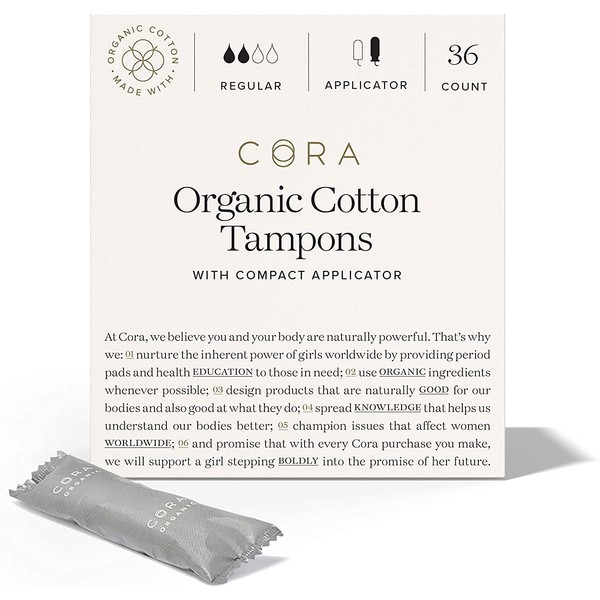 Cora Organic Tampons | Regular Absorbency | 100% Cotton Core, Unscented with BPA-Free Applicator | Leak Protection, Easy (36 Count)