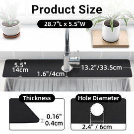 LOPNUR Faucet Mat for Kitchen Sink Protectors, 29 Inch Extra Long Kitchen Sink Splash Guard Behind Faucet, Cuttable Bathroom Water Splash Guard with Super Absorbent Diatomite Fast Drying, Black