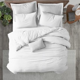 Kotton Culture 600 Thread Count 100% Egyptian Cotton 3 Piece Duvet Cover Set - Breathable All Season Comforter Cover with Zipper Closure & Corner Ties Sateen Weave (Striped White, King)