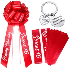 WILLBOND 2 Pcs 20 Inches Big Car Bow with Keychain Sweet 16 Happy Birthday Red Pull Large Bow for Car with 20 Feet Car Ribbon and Sweet Keychain for 16th Birthday Decoration