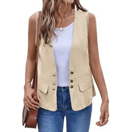 Mina Self Linen Vest Tops For Women Sleeveless 2025 Summer Lightweight Beige Business Casual Women's Outerwear Work Office Cute Fashion Trendy Women's Jackets Waistcoat YR016 Beige M