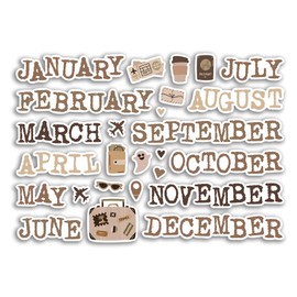 A5 Sticker Sheet Month Vinyl Stickers - Monthly Brown Natural Scrapbook Journal Icons Labels Diary Notebook Adventure Travel #80626