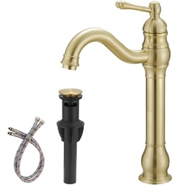 BWE 360° Swivel Vessel Sink Faucet Brushed Gold Bathroom Single Handle One Hole Lavatory Vanity Mixer Bar Tap Tall Spout with Pop Up Drain Assembly and Supply Line