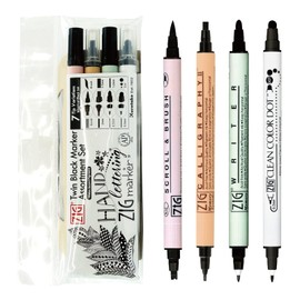 Kuretake ZIG Twin Marker BLACK 4 Assortment set for Hand Lettering, Calligraphy Art, Illustration, Journaling, Cartooning, AP- Certificated, Made in Japan