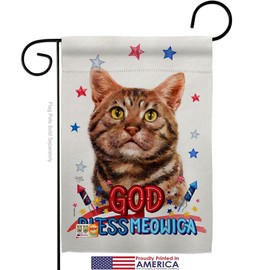 Breeze Decor Patriotic American Short Hair Garden Flag Set with Stand Animals Cat Kitten Meow Spoiled Paw Fur Pet Nature Farm Animal Creature Small Gift Yard House Banner Made in USA 13 X 18.5