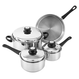 Tuxton Home Reno 7 Piece Cookware Set; Stainless Steel, PFTE & PFOA Free, Freezer to Oven Safe, Induction Compatible; 1QT & 2QT Saucepans, 5QT Dutch Oven, 10" Open Frypan