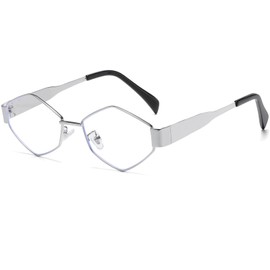 Breaksun Retro Hexagonal Sunglasses for Women Men Trendy Geometric Metal Frame Sun Glasses 90s Vintage Shades (Silver/Clear)