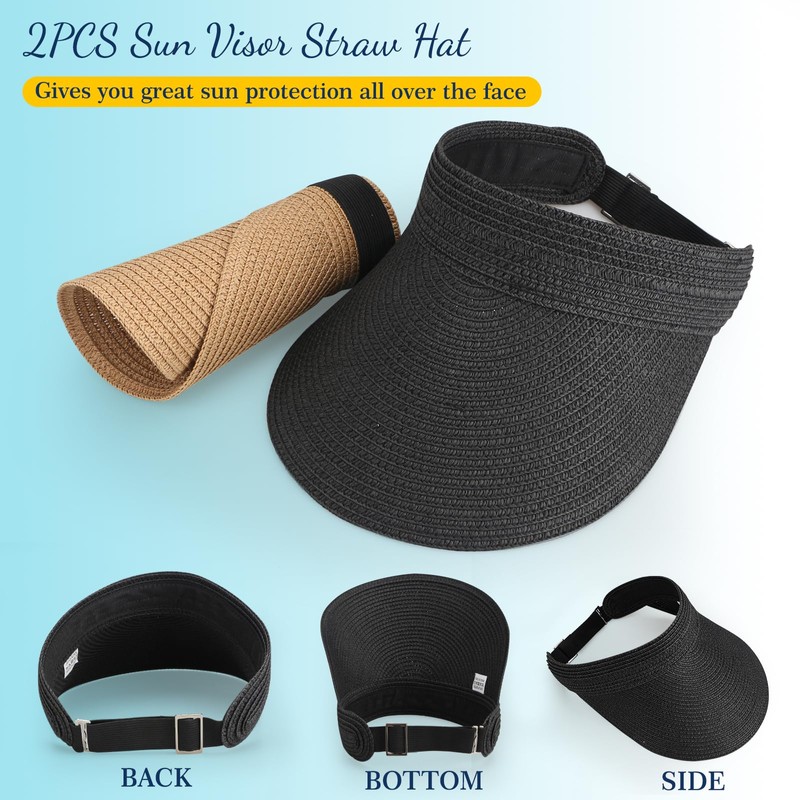 HAPPY FINDING 2Pcs Straw Hat Women Visor Hats Packable Ponytail