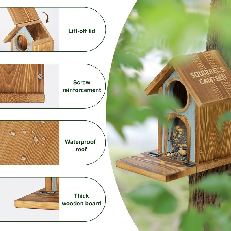 MIXXIDEA Wooden Squirrel Feeder, Large Capacity Squirrels Feeders for Outside,