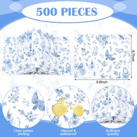 Feifeiya Floral Wax Paper Sheets for Food Chinoiserie Bird Deli Paper Waterproof Sandwich Wrapping Greaseproof Food Basket Liners for Picnic Party Kitchen Supplies, 9.8 x 8.7inch(Blue,500pcs)