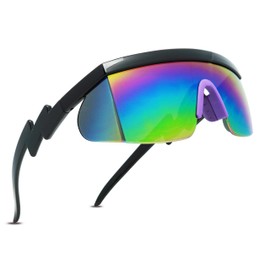 ShadyVEU Semi Rimless Neon Rainbow Mirrored Lens Sports Performance Sunglasses Black Half Frame ZigZag Arms Purple Nose Pads