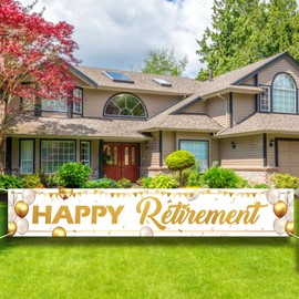9.8x1.6FT White Gold Happy Retirement Party Decorations, Extra Large Fabric Retire Sign Banner Photo Booth Backdrop Background for Retirement Party Favor Yard Banner Sign.