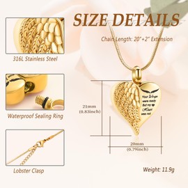Minicremation Cremation Jewelry for Ashes Heart Urn Necklace Pendants Ashes for Women Men Keepsake Memorial Angel Wing with Charm Heart for Loved Ones (Gold-Your)