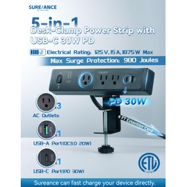 Sureance Desk Clamp Power Strip with USB-C 30W PD, Desktop Mount Surge Protector, Fits Max 2.5" Table Edge, 980J Surge Protector, 20W USB A, 6FT Extension Cord, Fast Charging Station (Black)