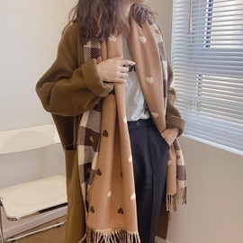 Winter Women's Scarf Checked Oversized Blanket Scarf Cashmere Wraps, Checked Tartan Stripes Plaid Love Pattern Fringe Poncho Neckerchief Tube Scarf Autumn Scarf Winter Scarf Cape Scarf Coffee