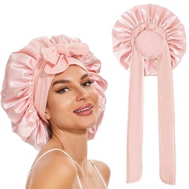 ERBO Seidenhaube zum Schlafen, Silk Bonnet, Verstellbare Schlafhaube Seide, Bonnet Sleep Cap, Satin Haarhaube Damen, Seidenhaube zum Schlafen Lange Haare Locken, Haarhaube für die Nacht (Sakura Rosa)