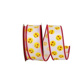 Reliant Ribbon Emoji Heart Eyes Wired Edge Ribbon, 1-3/8 Inch X 10 Yards, White/yellow