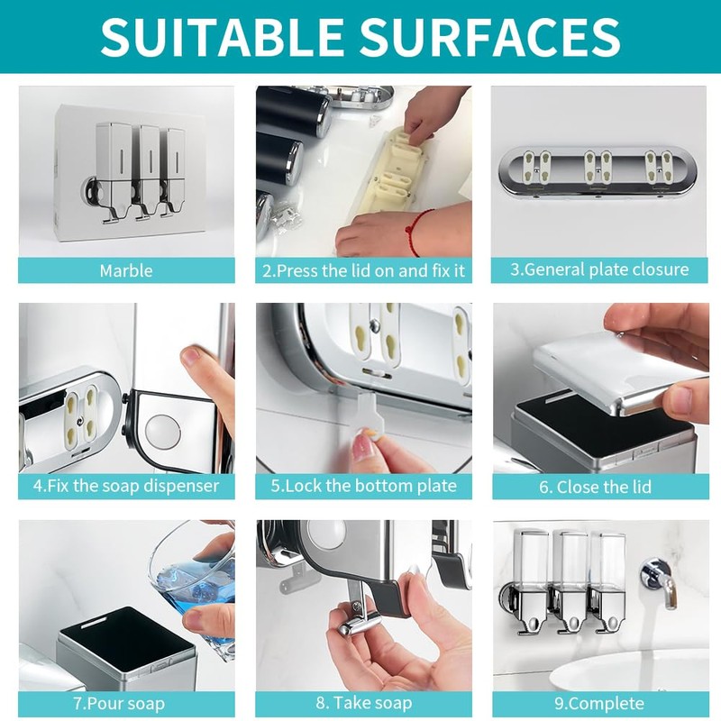 No-Drill 3 Pack 500ml Wall Mounted soap Dispenser for Bathroom