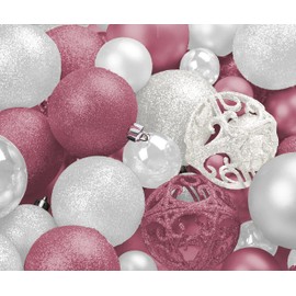100 Pink and White Christmas Ornament Balls Shatterproof + 100 Metal Ornament Hooks, Hanging Ornaments for Indoor/Outdoor Xmas Christmas Tree, Holiday Party, Home Décor Sizes, 1.2" 1.6" & 2.4"