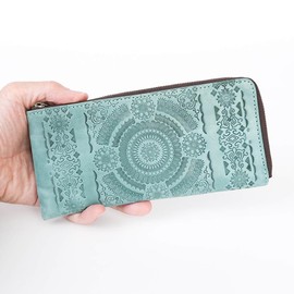 Pacca Pacca Women's Long Wallet, Genuine Leather, Thin, Arabesque, L-Shaped Zipper, Compact, Cowhide Leather, Horse Leather, Slim, Zipper, Stylish, turquoise (turquoise blue)