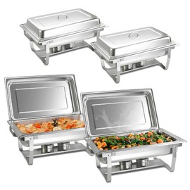 COSTWAY Chafing Dish Buffet Set, 4 Packs, 9 QT Large Capacity, 2 Food Pans, Water Pans & Fuel Holders, Stainless Steel Frame, Catering Buffet Server for Picnic, Wedding, Banquet, Party (4)