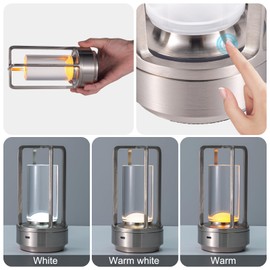 Yoohipuy Cordless Table Lamps,Night Table Lamp 3 Colors Stepless Dimming, 2600mAh Rechargeable Battery LED Desk Lamp for Bedroom/Couple Dinner/Desk/Cafe/Dining Room/Terrace (Silver)