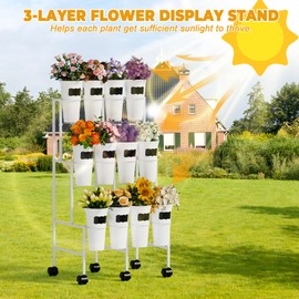 Alytree Flower Display Stand with 12 Buckets, 3 Tier Metal Flower Cart Display Stand with Wheels, Flower Bar Stand for Garden Flower Shop Indoor Outdoor Wedding Party Decor, White