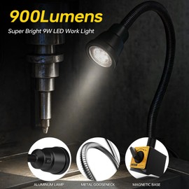 Magnetic Work Light, 9W Wood Machine Light, 900 Lumens Flexible Work Lamp for Lathe Milling Machine Drill Press, Aluminum Alloy Light Head