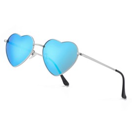 JOVAKIT - anteojos de sol polarizadas de corazón para mujer, estilo encantador con marco de metal UV400, B2 Plata/Espejo Azul, lenswidth