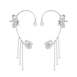 GAUEIOUR Butterfly Tassel Style Zircon Earrings,1 Pair Flower Fringe Long Earrings.Shiny Non Pierced Butterfly Ear Clips Women's Girls Jewelry(Silver)