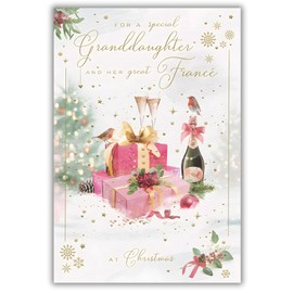 Granddaughter and Her Fiance Christmas Card - Special Finishes - Robins and Champagne - Artistic Festive Design - Illustrated Insert Leaf - Made in the UK