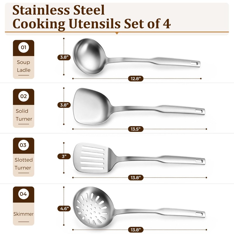 TeamFar Stainless Steel Cooking Utensils Set, 4 Pieces Kitchen Utensils