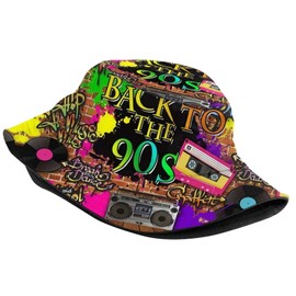 Retro 80s 90s Bucket Hats for Women Men, 80s 90sStyle Design Hat Summer Fisherman Cap Travel Beach Hat Fashion Packable Sun Hat