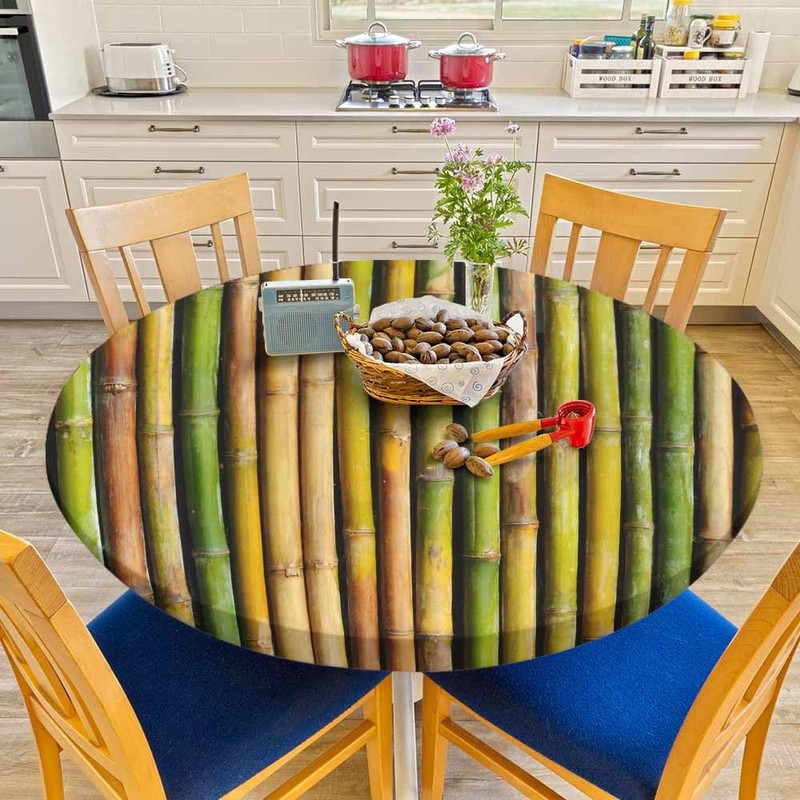 Guxxuil Bamboo Round Tablecloths Elastic Edged Bamboo Stems Pattern Tropical